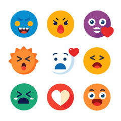 Assortment of colorful emoticon faces expressing diverse emotions