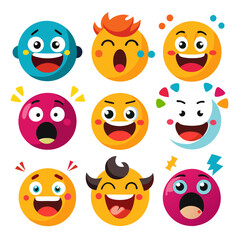 Collection of cheerful, flat vector emoji faces on white