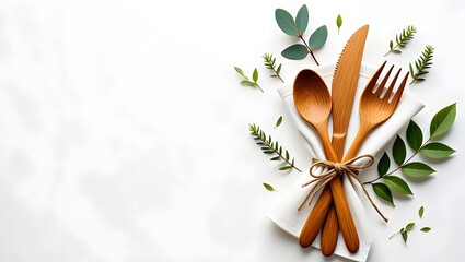 Wooden cutlery set with leaves on white background for eco friendly dining table decor
