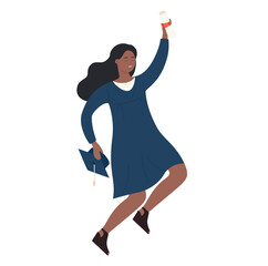 Fototapeta premium Happy graduate student vector illustration. Cartoon flat young african american black female jumping with cap, certificate or diploma in hands celebrating graduation education background