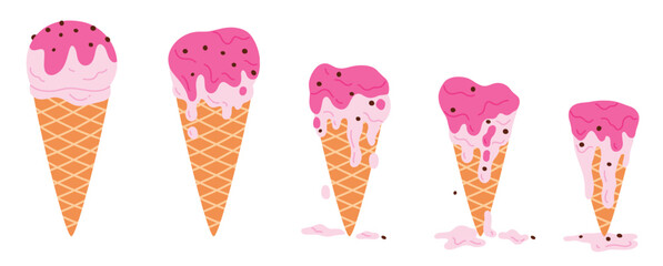 Ice cream melts set, sequence game animation of melting frozen yogurt or pink sundae ball in waffle cone. Animated stages of dripping soft ice cream, melted dessert cartoon vector illustration