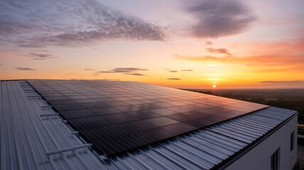 Stunning sunset illuminates solar panels on rooftop, creating sustainable energy future and eco-friendly living, perfect for environmental campaigns