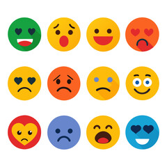 Twelve flat design emoji with different expressions on white