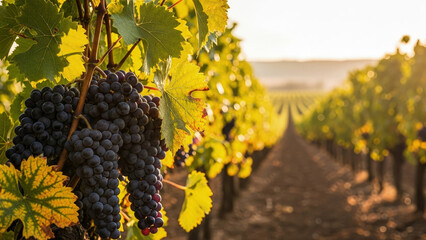 Fototapeta premium Close-up of ripe grapes hanging in a vineyard row.