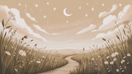 Dreamy moonlit meadow path illustration with stars, perfect for children's books, whimsical designs, and serene nature-inspired projects