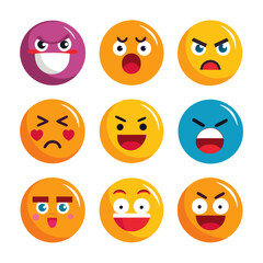 Collection of nine colorful emoticon face expressions isolated