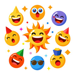 Happy emoji group celebration with sun character in middle