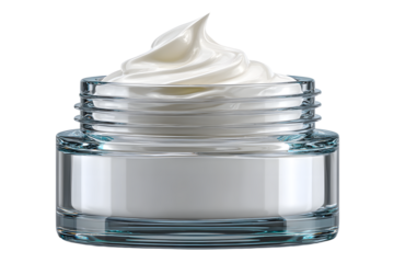 Hygienic white color paint face cream in jar moisturizer smear. isolated on cut out PNG or transparent background. Makeup realistic cosmetics for women. Beauty facial cosmetic product texture.