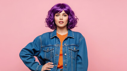 Stylish woman with purple hair and denim jacket posing against a pink background.