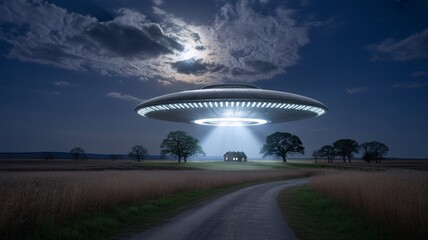 Eerie encounter with a UFO illuminating a rural farmhouse under the moonlight, perfect for science fiction or mysterious storytelling concepts