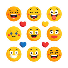 Collection of Flat Design Yellow Emoticons with Colorful Hearts