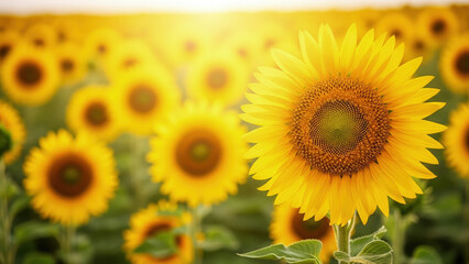 Obraz premium A vibrant field of sunflowers basking in the warm glow of sunlight, showcasing their bright yellow petals and dark centers.