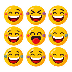 Collection of cartoon yellow emoji faces expressing happiness