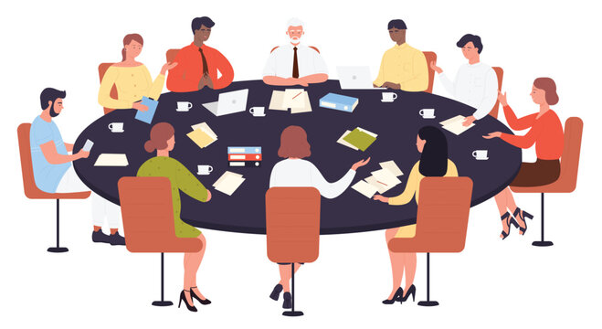 Teamwork of business people sitting at round office table vector illustration. Cartoon corporate team meeting at conference together, employees and chairman characters sit to discuss and exchange idea