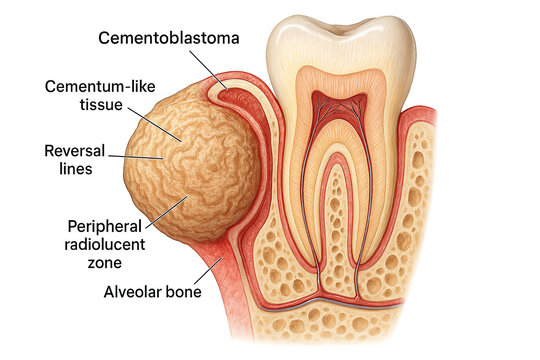 Diagram Illustrating Cementoblastoma, a Benign Tooth Tumor Attached to the Root of a Tooth and Resorbing Alveolar Bone.