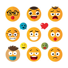 Collection of stylized emoticons expressing different emotions on white