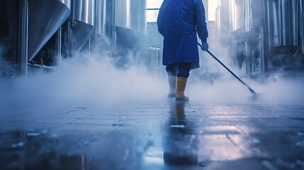 Worker in blue protective clothing and yellow boots is sanitizing an industrial brewery or factory floor, generating steam and emphasizing hygiene and cleanliness in production