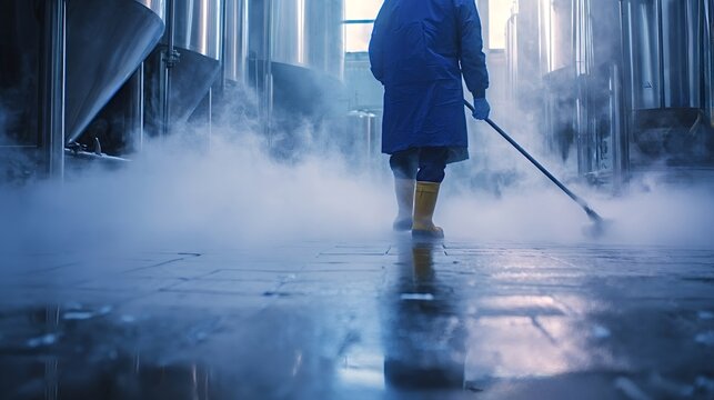 Worker in blue protective clothing and yellow boots is sanitizing an industrial brewery or factory floor, generating steam and emphasizing hygiene and cleanliness in production