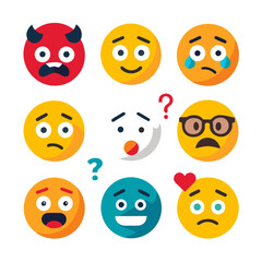 Collection of flat-design emoji displaying different emotional expressions