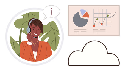 Smiling support agent wearing a headset, speech bubble, financial graphs, and a cloud icon. Ideal for customer service, teamwork, communication, analytics, remote work technology simple flat