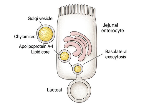 Diagram illustrating the formation and transport of chylomicrons within a jejunal enterocyte and their release into the lacteal via basolateral exocytosis.