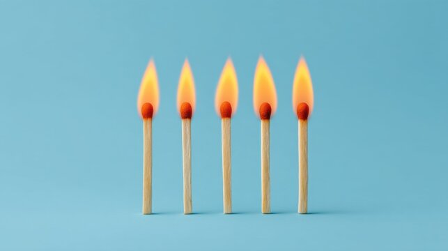 Five Matches with Flames Against a Light Blue Background for Conceptual Representations of Fire and Ignition in Creative Projects - Powered by Adobe