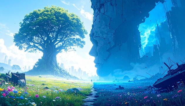 Enchanted fantasy tree portal leading to a magical kingdom with colorful glowing landscape