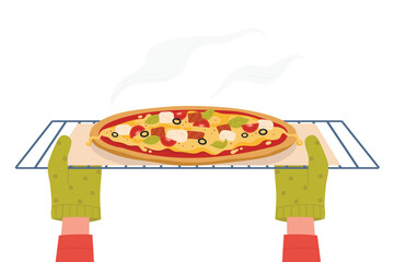 Cartoon person cooking food in home kitchen, chef in mittens baking concept. Hands in gloves open oven door and take away homemade pizza vector illustration