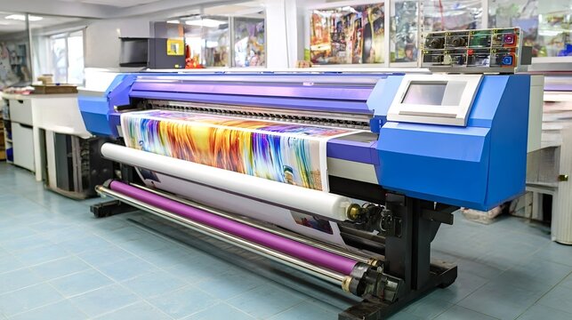 Large format inkjet printer in a busy workshop producing a vivid wide format graphic on roll material, showcasing modern digital printing technology and industrial production