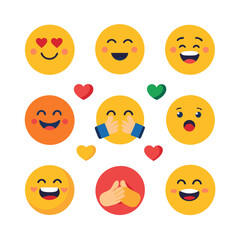 Collection of assorted flat vector emoji icons with hearts