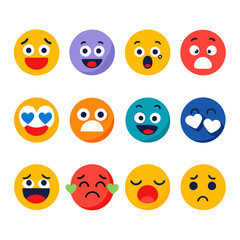 Twelve flat design emoji expressions against a white background