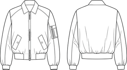 Bomber jacket technical sketch, front and back view, zipper closure, sleeve pocket, fashion flat, garment template, apparel illustration, cad drawing flat vector illustration
