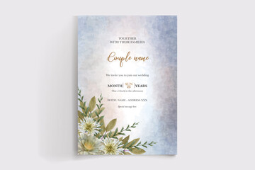 WEDDING INVITATION FRAME WITH FLOWER DECORATIONS AND FRESH LEAVES