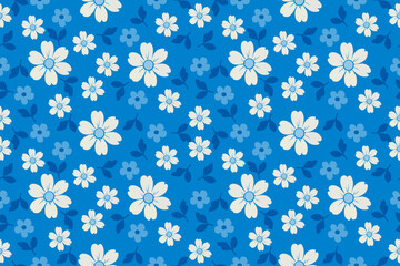 Seamless blue floral pattern with white daisies and leaves. Fresh, elegant design perfect for textiles, wallpapers, and modern decorative projects.