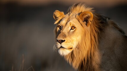 Majestic lion portrait basking in the golden light of dawn in the African savanna, a symbol of power, strength, and natural beauty for conservation efforts