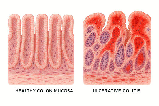 Illustration comparing healthy colon mucosa with colon mucosa affected by ulcerative colitis, showing microscopic details of intestinal lining.
