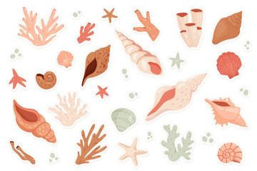 Obraz premium Cute sea shells sticker set vector illustration. Cartoon beach or underwater objects and tropical marine animals collection, badges with little starfish and scallop, clam and coral, water bubbles