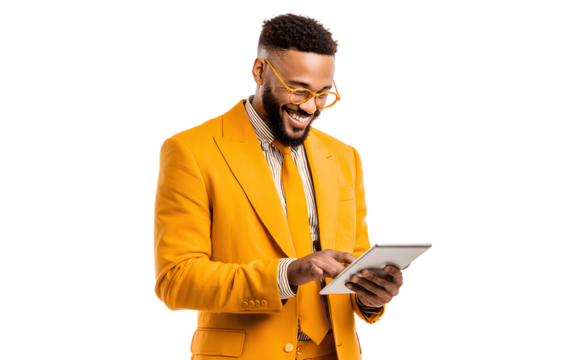  business people smiling and using a tablet, isolated on a transparent background with a cutout png file and a white background for removing the subject from its surroundings