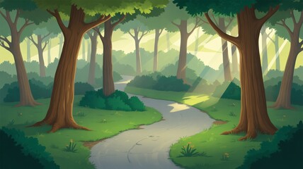 Sunlight streams through lush green forest illuminating a winding path inviting exploration and peaceful journeys into nature's embrace