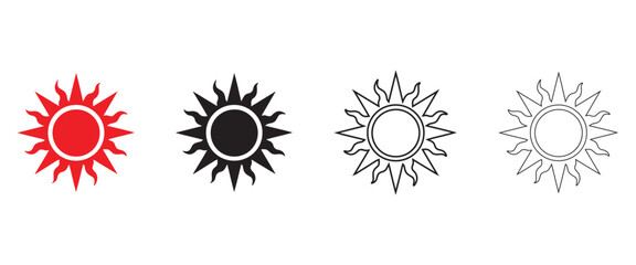 Sun icon vector set, red and black sun icons. Shine sun ray logo,  Sunset icon collection vector, silhouette and line art