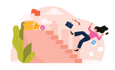 Obstacle and problem in career of businesswoman. Unhappy woman climbing stairs to flag achievement, money reward and recognition, disappointed business lady falling cartoon vector illustration