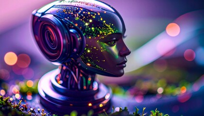 Fototapeta premium Futuristic digital human faces emerging from sparkling particles symbolizing artificial intelligence and innovation