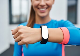 Smiling woman in blue sportswear checking her fitness tracker on her wrist during a workout session in a gym, focusing on health and activity monitoring