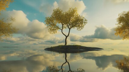 Dreamy serene landscape with golden tree reflecting on water, creating a tranquil and peaceful atmosphere for meditation and mindfulness practices