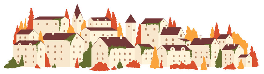 Autumn season in town or village mountain landscape vector illustration. Cartoon European city buildings among orange red trees, architecture and mill, autumn cityscape in Europe isolated