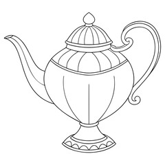 A decorative black and white line art illustration of an ornate antique teapot with a curved handle and a detailed lid isolated on a white background for easy customization