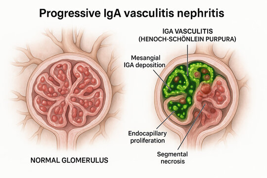 Medical illustration comparing a normal glomerulus with one affected by IgA vasculitis (Henoch-Sch&ouml;nlein Purpura), showing mesangial IgA deposition, endocapillary proliferation, and segmental necrosis