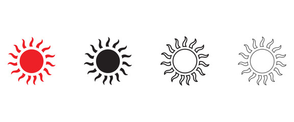 Sun icon vector set, red and black sun icons. Shine sun ray logo,  Sunset icon collection vector, silhouette and line art