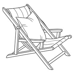 Fototapeta premium A simple black and white line drawing of a wooden deck chair with a striped fabric seat and a plush cushion perfect for relaxation and outdoor leisure
