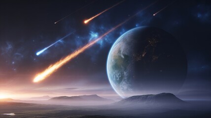 Stunning meteor shower blazing across the sky illuminating a distant planet, creating a vibrant, dynamic cosmic landscape perfect for science fiction concepts
